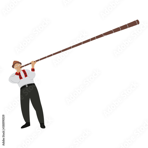 A man in national costume plays the trembita in the Carpathians. Flat design. Vector illustration on white background