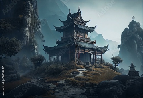 Fantasy background with mysterious ancient Chinese  temple in mountains. Digital artwork. Generative AI