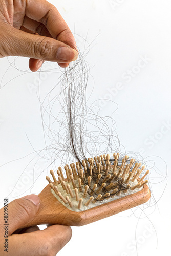Woman hand holding a comb with hair loss on white background. Health care and medical, Hair loss problem concept. materials and natural hair.
