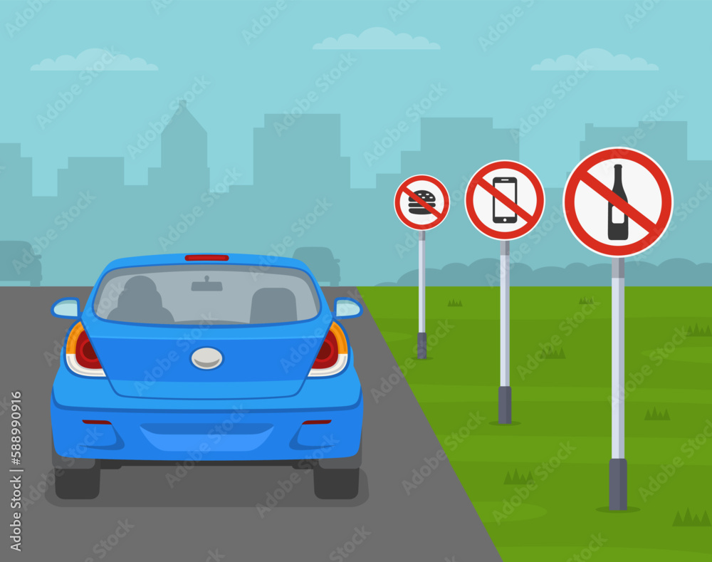 Safe driving rules. Back view of a car on road with restriction signs