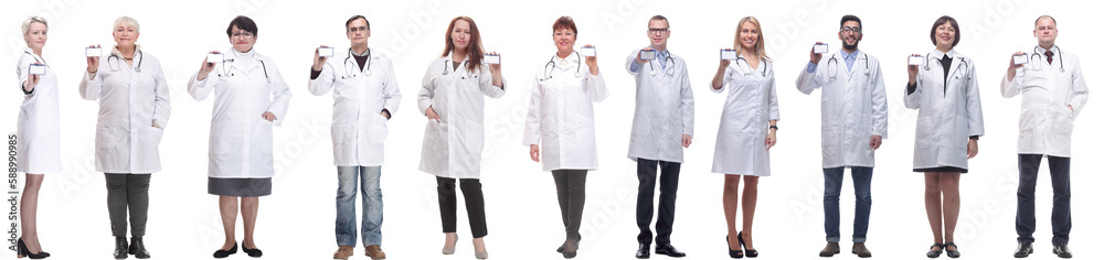 full length group of doctors showing badge isolated