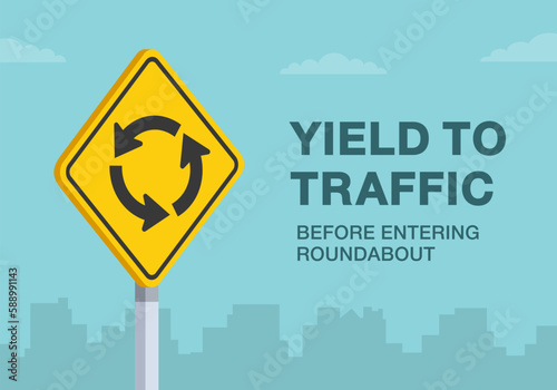 Safe driving tips and traffic regulation rules. "Yield to traffic before entering roundabout" road sign. Close-up view. Flat vector illustration template.