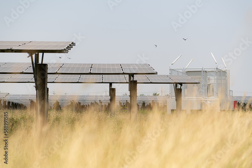 The field of solar panels with an energy storage station located in the middle of a solar cell panel on an area of hundreds of acres