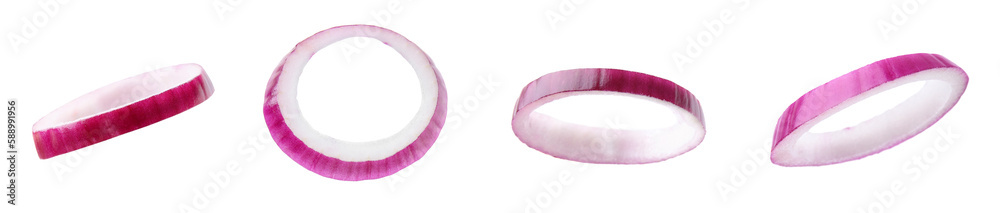 Collage with fresh red onion slices on white background Collage with fresh red onion slices on white background
