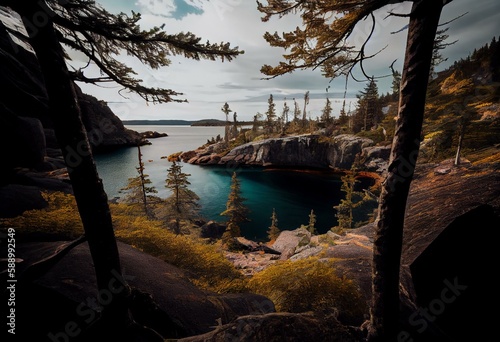 Trees, rocks, forest and Lake on the Under the Volcano Trail along the beautiful rocky coast of Lake Superior at Neys Provincial Park, Ontario, Canada. Generative AI photo
