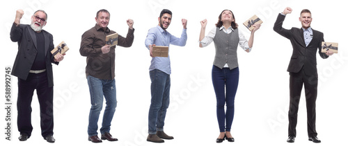 group of happy people with gifts in their hands isolated