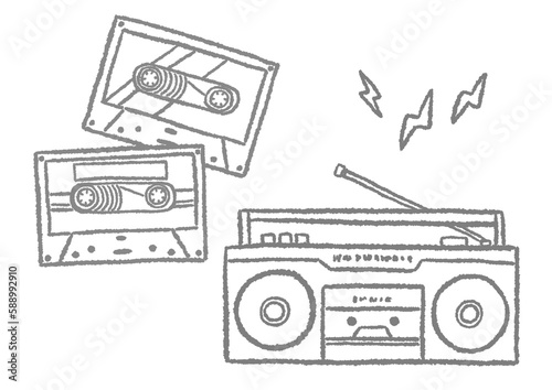 Cassette tape and old boombox Simple hand drawn line drawing illustration / カセットテープと古いラジカセ シンプルな手描きの線画イラスト