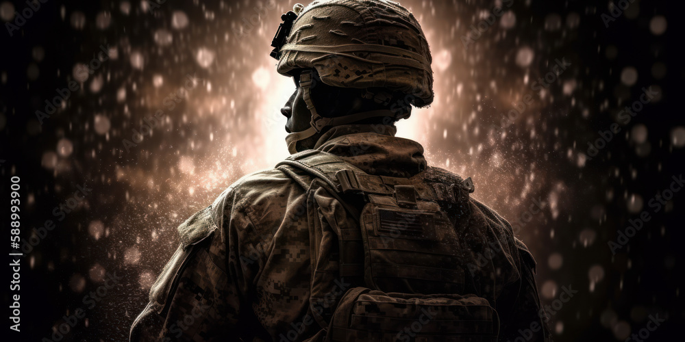 Close up of US soldier viewed from back on bokeh particles background. Generative AI Close up of US soldier viewed from back on bokeh particles background. Generative AI
