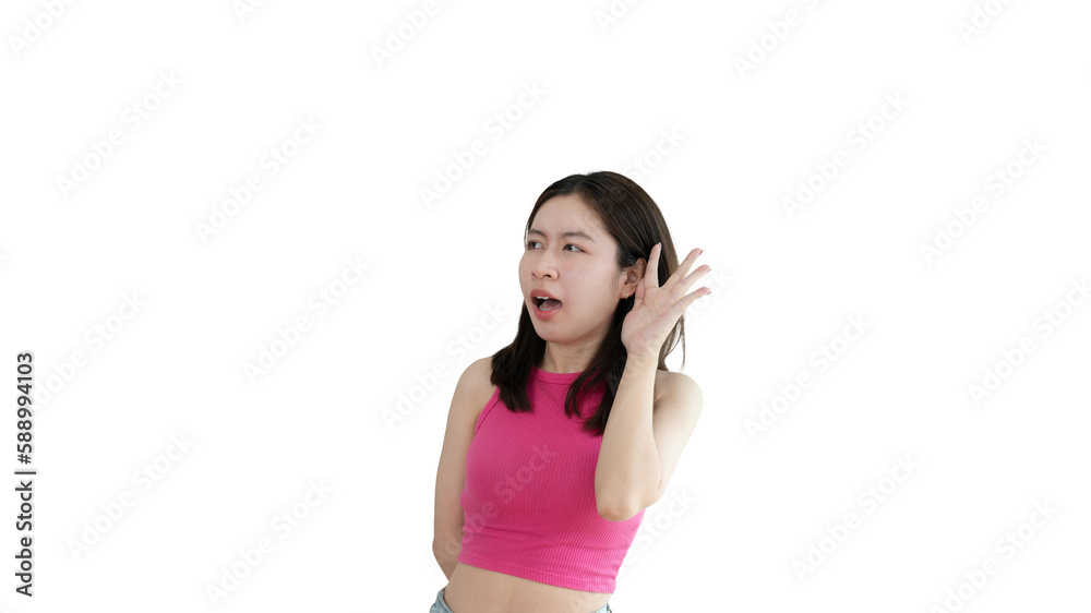 Asian woman eavesdropping or overhearing secret conversation isolated on yellow background, Gossip, Listening, Yellow background studio portrait. Asian woman eavesdropping or overhearing secret conversation isolated on yellow background, Gossip, Listening, Yellow background studio portrait.