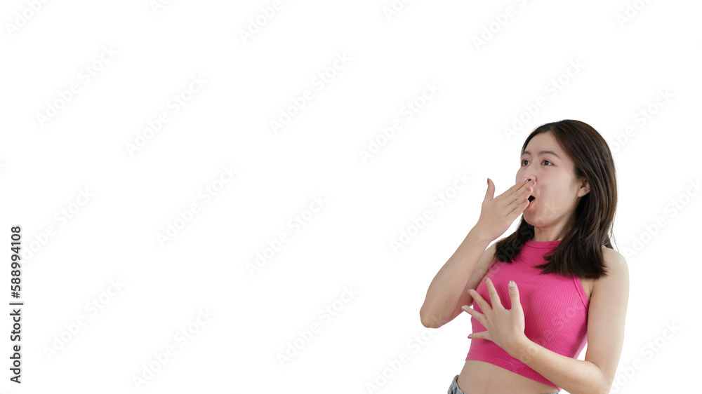 Asian woman acting shocked or surprised isolated on a Yellow background, Looking camera, Concept acts according to the emotions and feelings of excitement and shock, Yellow background, Copy space. Asian woman acting shocked or surprised isolated on a Yellow background, Looking camera, Concept acts according to the emotions and feelings of excitement and shock, Yellow background, Copy space.