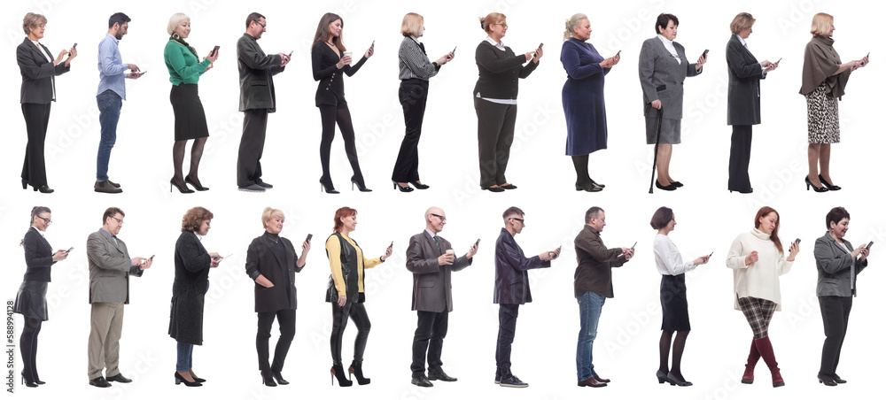 group of people profile holding phone in hand isolated