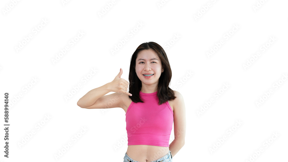 Call sign, Bright young asian woman inviting to call isolated on yellow background, Suggest to call or invite to apply for membership, Isolated on yellow background...