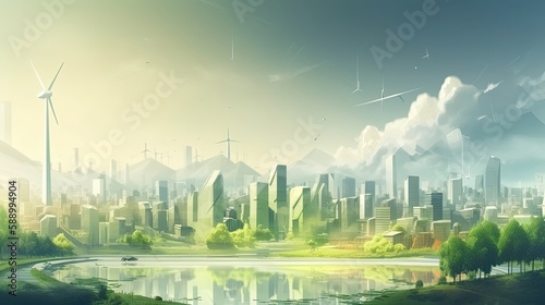 Sustainable green city with alternative and ecologic power. Generative AI