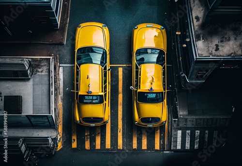 Billede på lærred Yellow cabs parked in the city, view from above, fictitious cars and place