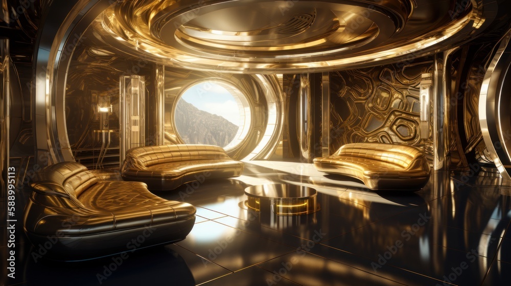 Bringing Opulence to Your Space: Stunning Gold and Brass Luxury Interior with Futuristic Touch and Unique 8K HD Digital Art Wallpaper, Generative AI