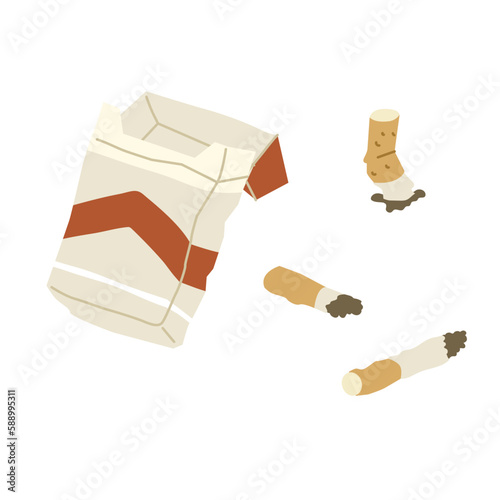 An empty pack of cigarettes and crumpled cigarette butts. The concept of smoking is harmful to health. Environmental pollution. Vector illustration. Isolated objects.
