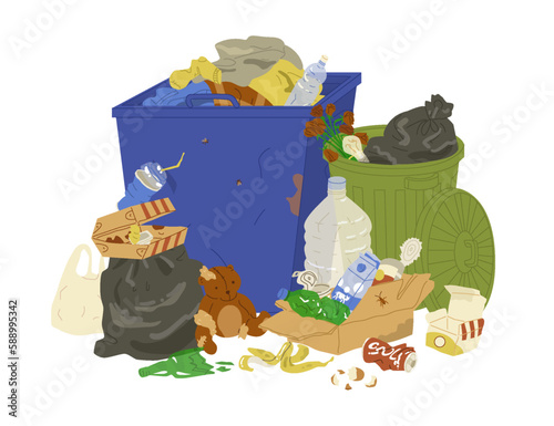 Composition with a full trash can and a pile of garbage, discarded things.  Waste sorting. Scrapyard. City cleaning. Flat style in vector illustration. Isolated objects.