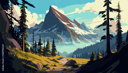 Mountain hiking landscape, vector cartoon art forest. 