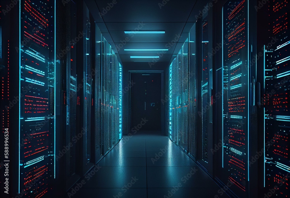 Image of a corridor in a working data center filled with supercomputers and rack servers and a blue neon projection showing data transmission via a high speed internet connection. Generative AI