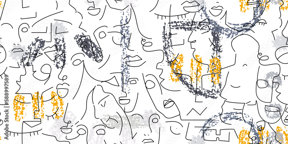 Obraz premium One line drawing. Abstract face seamless pattern.