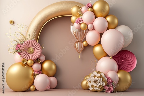 Generative AI of pink and gold balloons with golden arch.