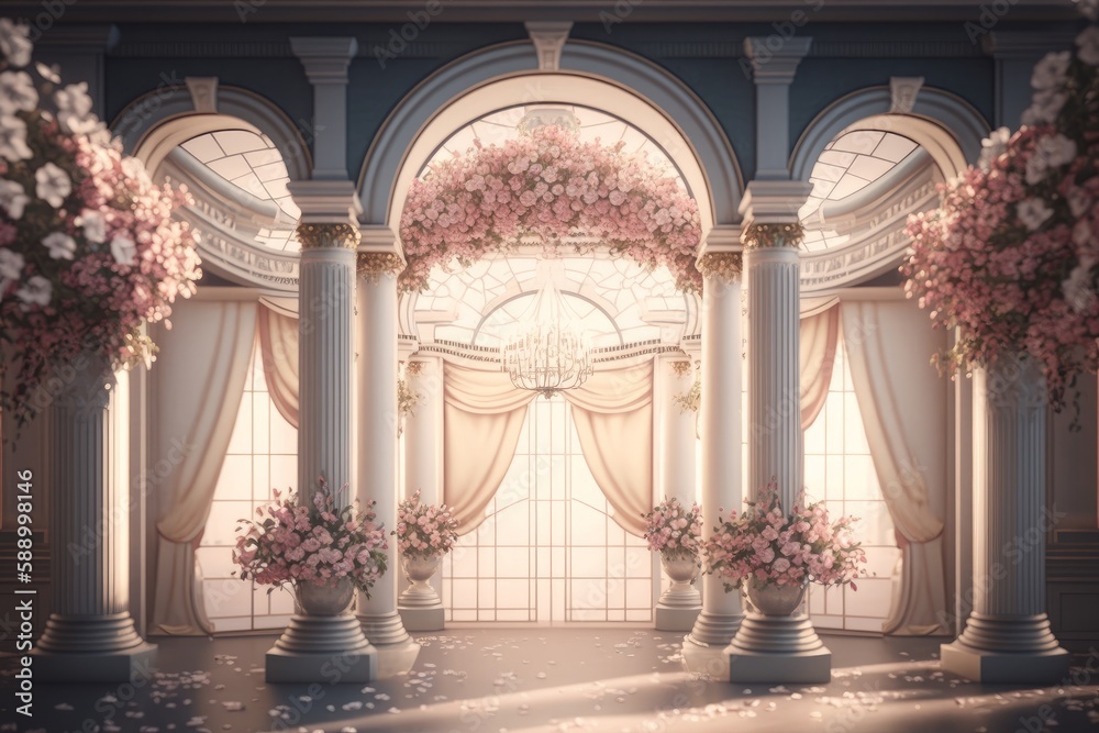 Beautiful wedding arch decorated with flowers. Generative AI
