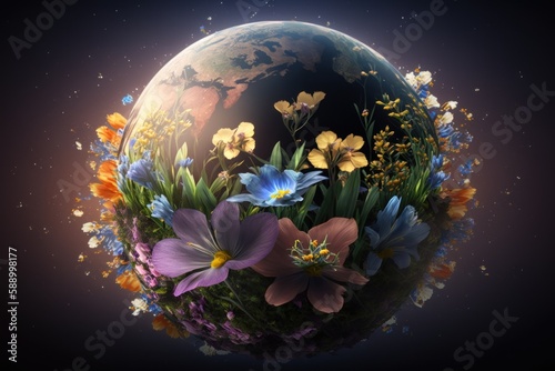 Globe and spring flowers. Generative AI © LAYHONG