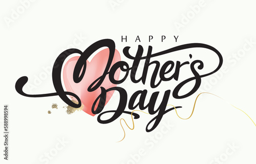Happy Mother's Day Calligraphy abstract art background vector. Luxury minimal style wallpaper with golden line art flower and botanical leaves, watercolor. Vector background for banner, poster.