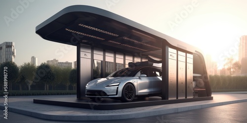 A sleek electric vehicle charging station with solar panels and an interactive touch screen display   generative AI © ArtisanSamurai