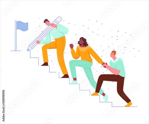 Team of business people, men and woman walking up stairs and taking the steps to success. Teamwork and cooperation concept.