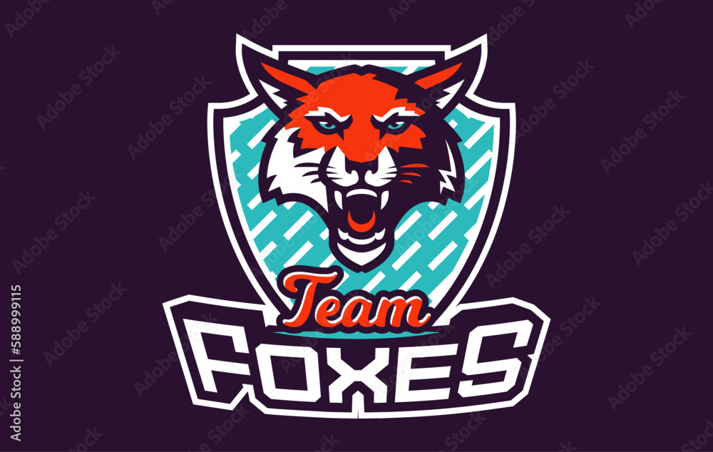 Sports logo with fox mascot. Colorful sport emblem with fox mascot and bold font on shield background. Logo for esport team, athletic club, college team. Isolated vector illustration