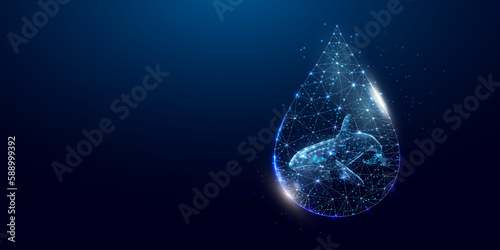 Killer whale in water drop. World water day, Protection environmental, Ecology concept. Wireframe low poly style, isolated on dark blue background. Vector illustration