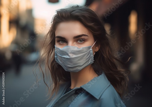 Portrait of a woman with face mask against pollution and viruses in a city. Generative AI.