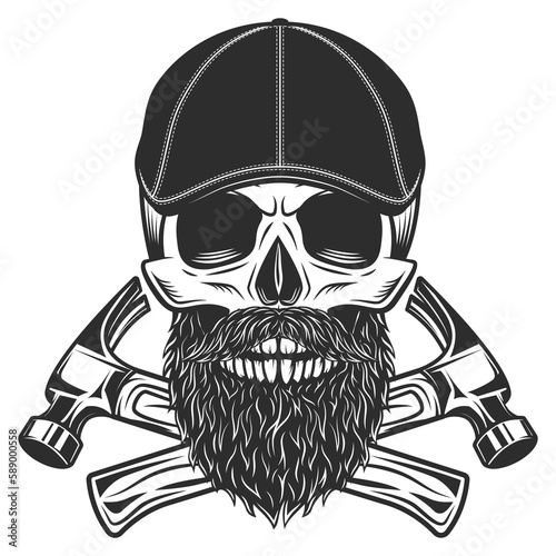 Skull with beard and mustache in gangster gatsby tweed hat flat cap with construction hammer service repair tool vector illustration