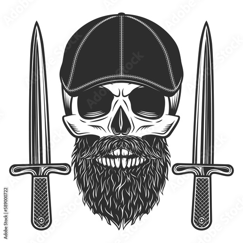 Skull with beard and mustache in gangster gatsby tweed hat flat cap with dagger knife vintage vector illustration