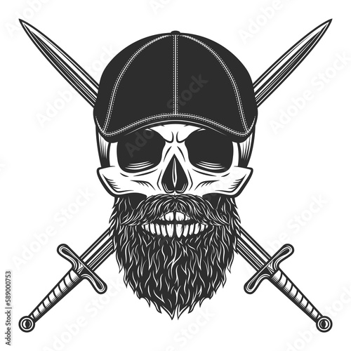 Skull with beard and mustache in gangster gatsby tweed hat flat cap with knight sword vintage vector illustration