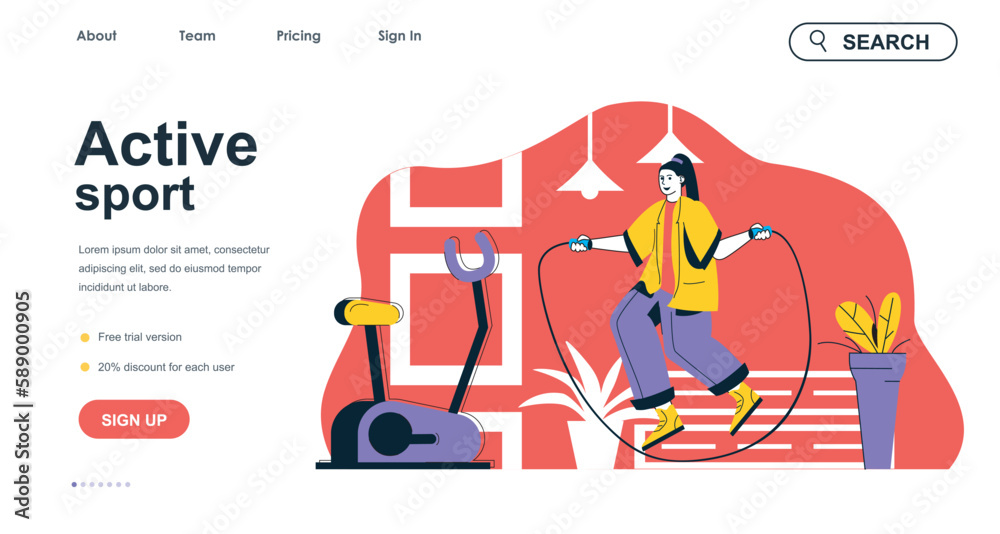 Active sport concept for landing page template. Woman jumping rope and doing cardio workout in gym. Fitness training people scene. Vector illustration with flat character design for web banner