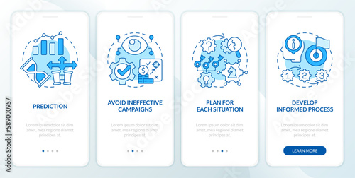 Causal research benefits blue onboarding mobile app screen. Walkthrough 4 steps editable graphic instructions with linear concepts. UI, UX, GUI template. Myriad Pro-Bold, Regular fonts used