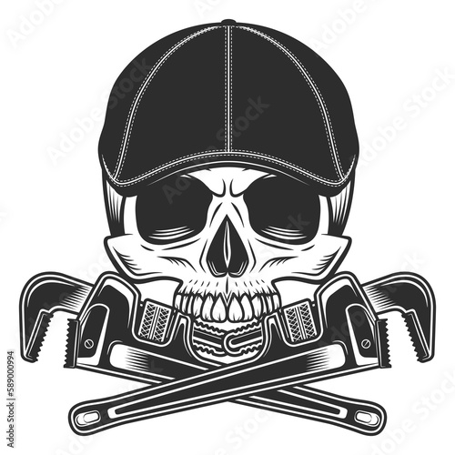 Skull without jaw in gangster gatsby tweed hat flat cap with construction plumbing adjustable wrench service repair tool vector illustration