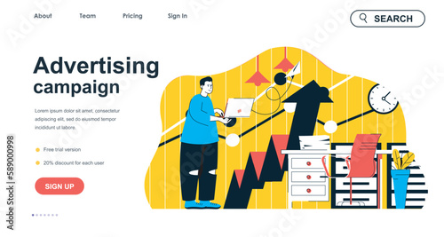 Advertising campaign concept for landing page template. Man making ads and doing business promotion. Social media marketing people scene. Vector illustration with flat character design for web banner