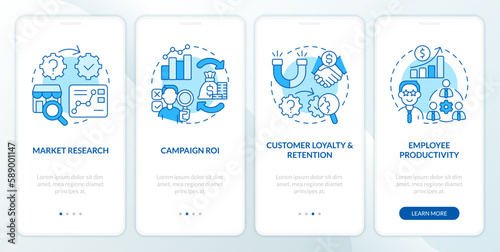 Causal research examples blue onboarding mobile app screen. Walkthrough 4 steps editable graphic instructions with linear concepts. UI, UX, GUI template. Myriad Pro-Bold, Regular fonts used