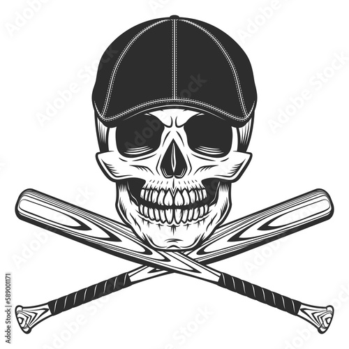 Skull in gangster gatsby tweed hat flat cap with baseball bat vector illustration
