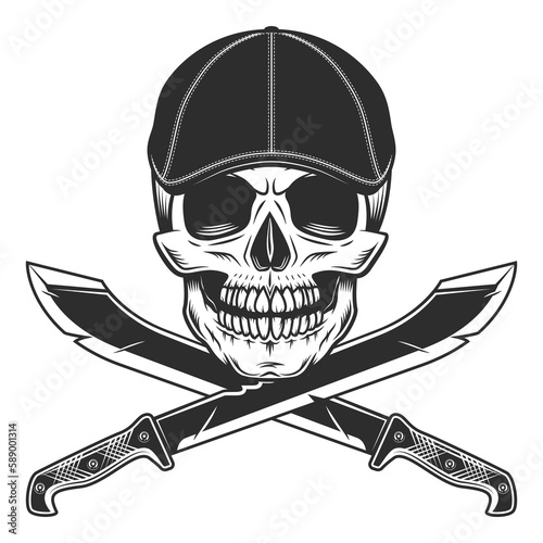 Skull in gangster gatsby tweed hat flat cap with machete sharp sword vintage vector illustration