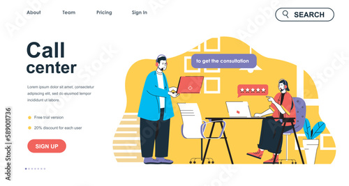 Call center concept for landing page template. Man and woman in headsets answering customers. Technical support consultation people scene. Vector illustration with flat character design for web banner