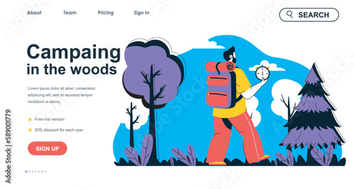 Camping in woods concept for landing page template. Man with backpack and compass goes on hike at forest. Outdoor activity people scene. Vector illustration with flat character design for web banner