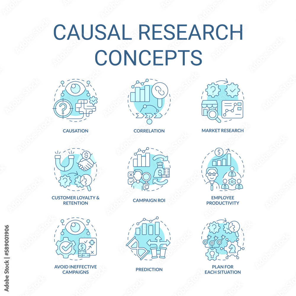 Causal research turquoise concept icons set. Study market for business development idea thin line color illustrations. Isolated symbols. Editable stroke. Roboto-Medium, Myriad Pro-Bold fonts used