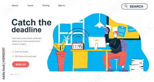 Catch the deadline concept for landing page template. Man is in hurry to finish tasks while alarm ringing. Time management people scene. Vector illustration with flat character design for web banner