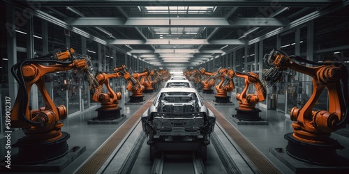 An electric vehicle assembly line showcasing advanced robotics and automation at work | generative AI © ArtisanSamurai