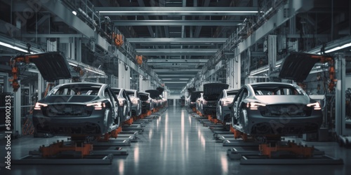 An electric vehicle assembly line showcasing advanced robotics and automation at work | generative AI 