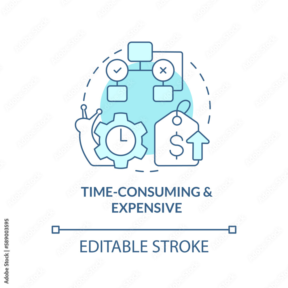 Time consuming and expensive turquoise concept icon. Causal research disadvantage abstract idea thin line illustration. Isolated outline drawing. Editable stroke. Arial, Myriad Pro-Bold fonts used Time consuming and expensive turquoise concept icon. Causal research disadvantage abstract idea thin line illustration. Isolated outline drawing. Editable stroke. Arial, Myriad Pro-Bold fonts used